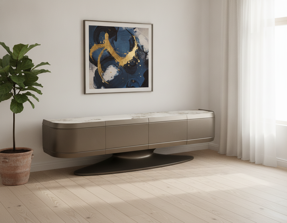 Meuble TV - Plateau Céramique Effet Marbre & Piètement Bronze