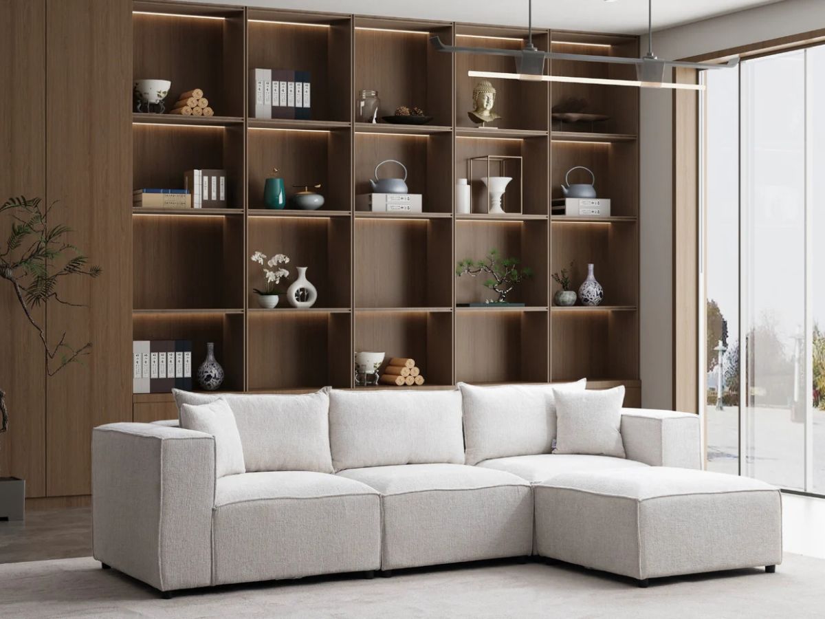 Canapé Modulable - Chenille blanc - 3 Places + 1 Pouf