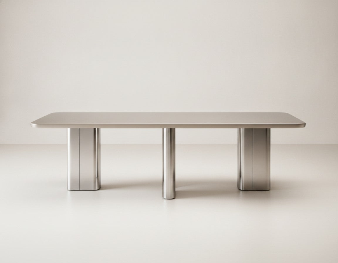 Table à Manger Rectangulaire - Plateau Laqué Taupe & Piètement Chrome