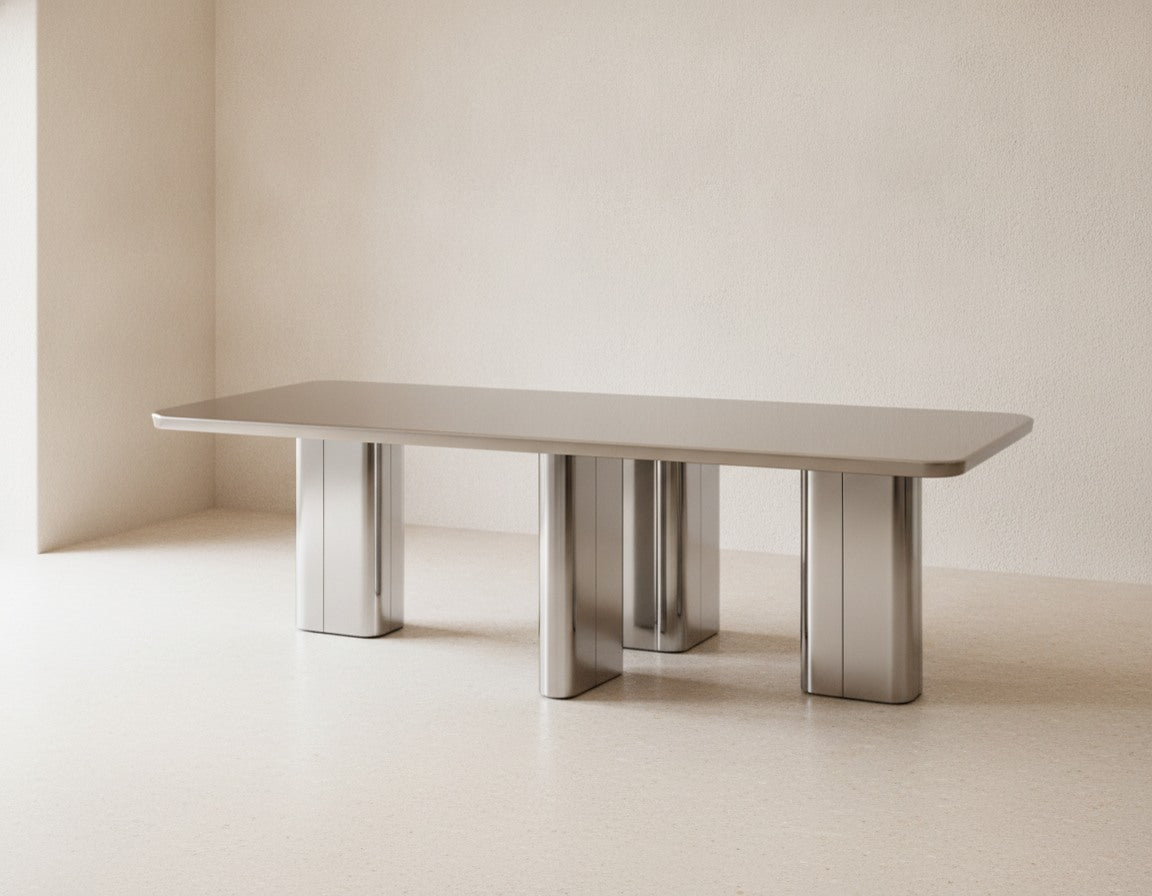 Table à Manger Rectangulaire - Plateau Laqué Taupe & Piètement Chrome