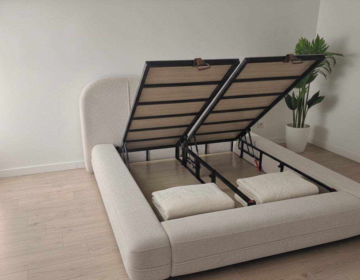 Lit Coffre Design Arrondi en Tissu Bouclé - Coffre de Rangement