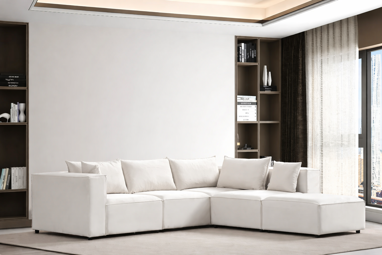 Canapé Modulable 4 Places + Pouf en Velours Blanc