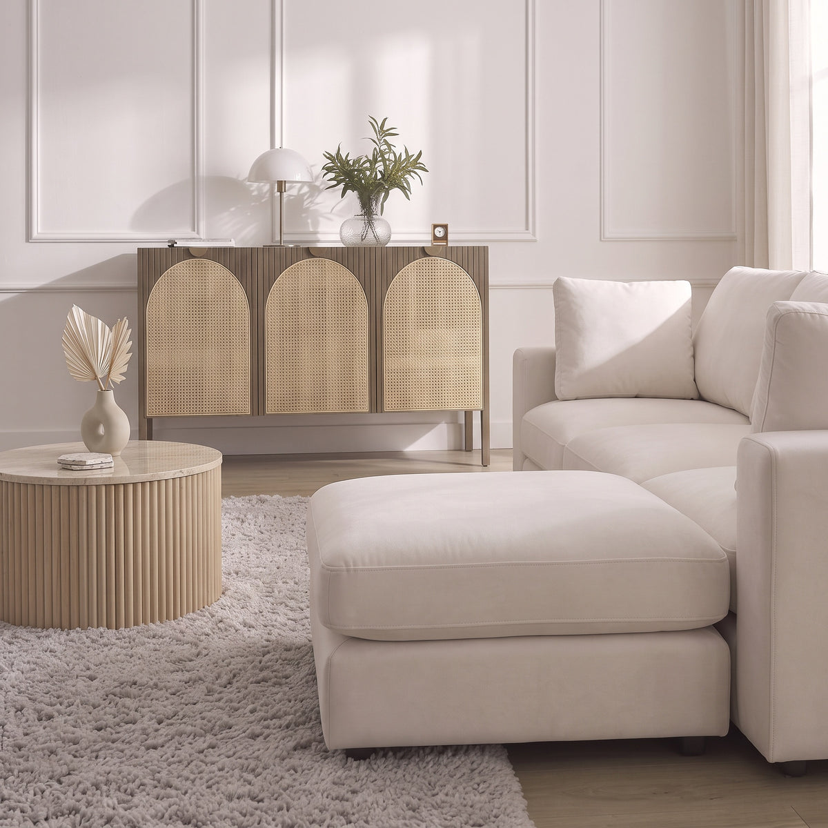 Canapé Julia Modulable - Velours Blanc - 3 Places + 1 Pouf