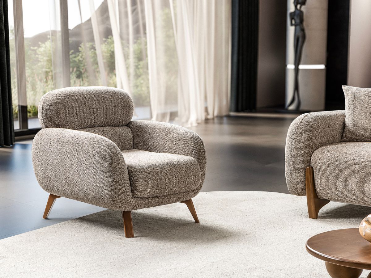Salon Complet Bouclé 3+3 Places + Fauteuil — Tissu Bouclé Premium, Pieds Bois Noyer, Design Contemporain