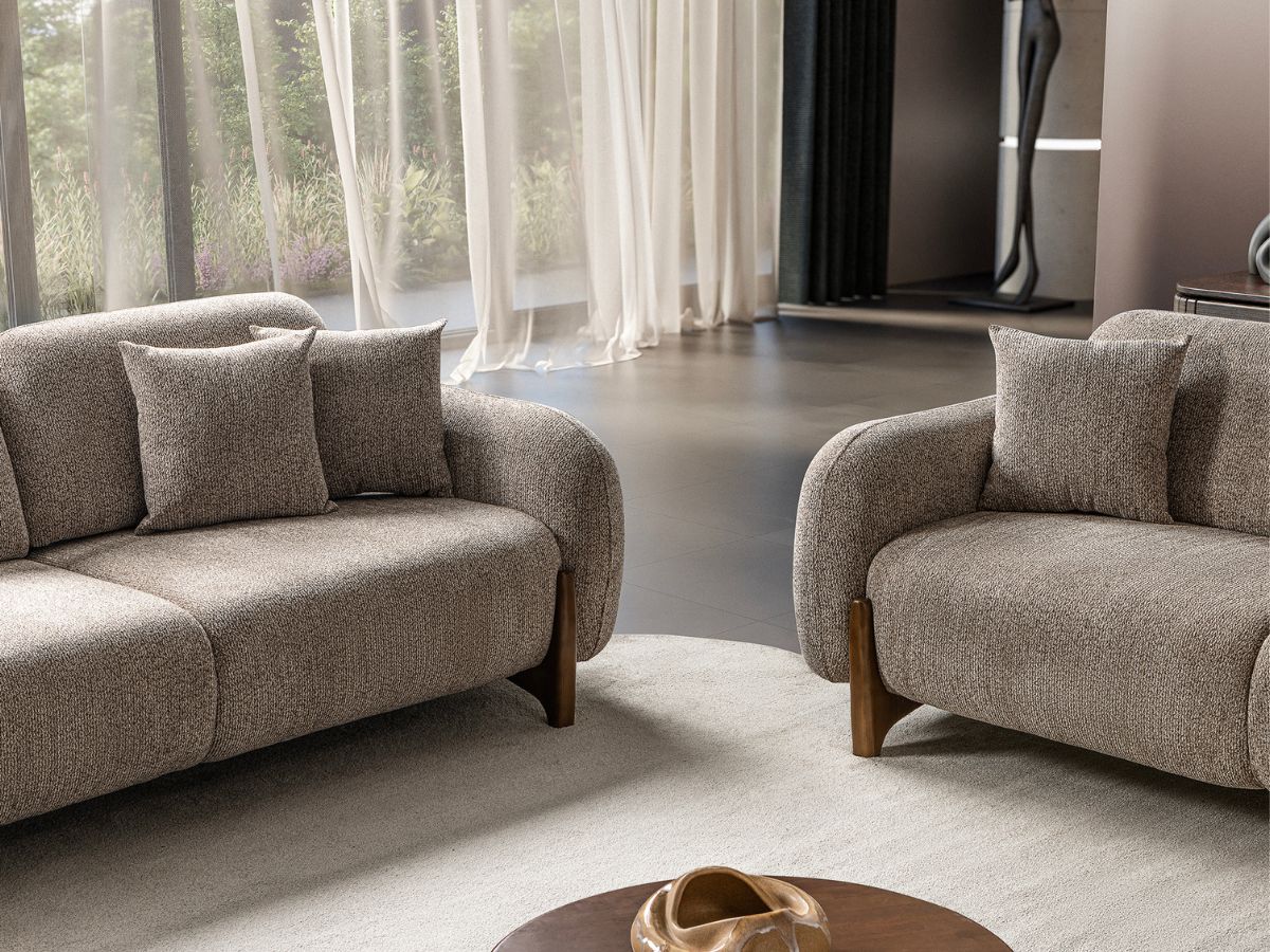 Salon Complet Bouclé 3+3 Places + Fauteuil — Tissu Bouclé Premium, Pieds Bois Noyer, Design Contemporain