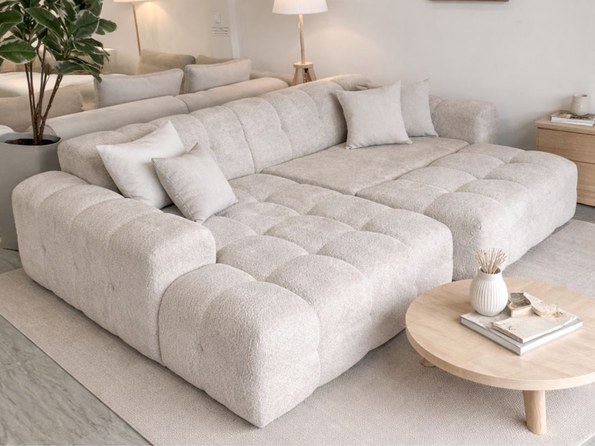 Canapé d’angle convertible Bubble 275x175 cm en laine rasée blanc cassé – Angle droit ou gauche – Design moderne