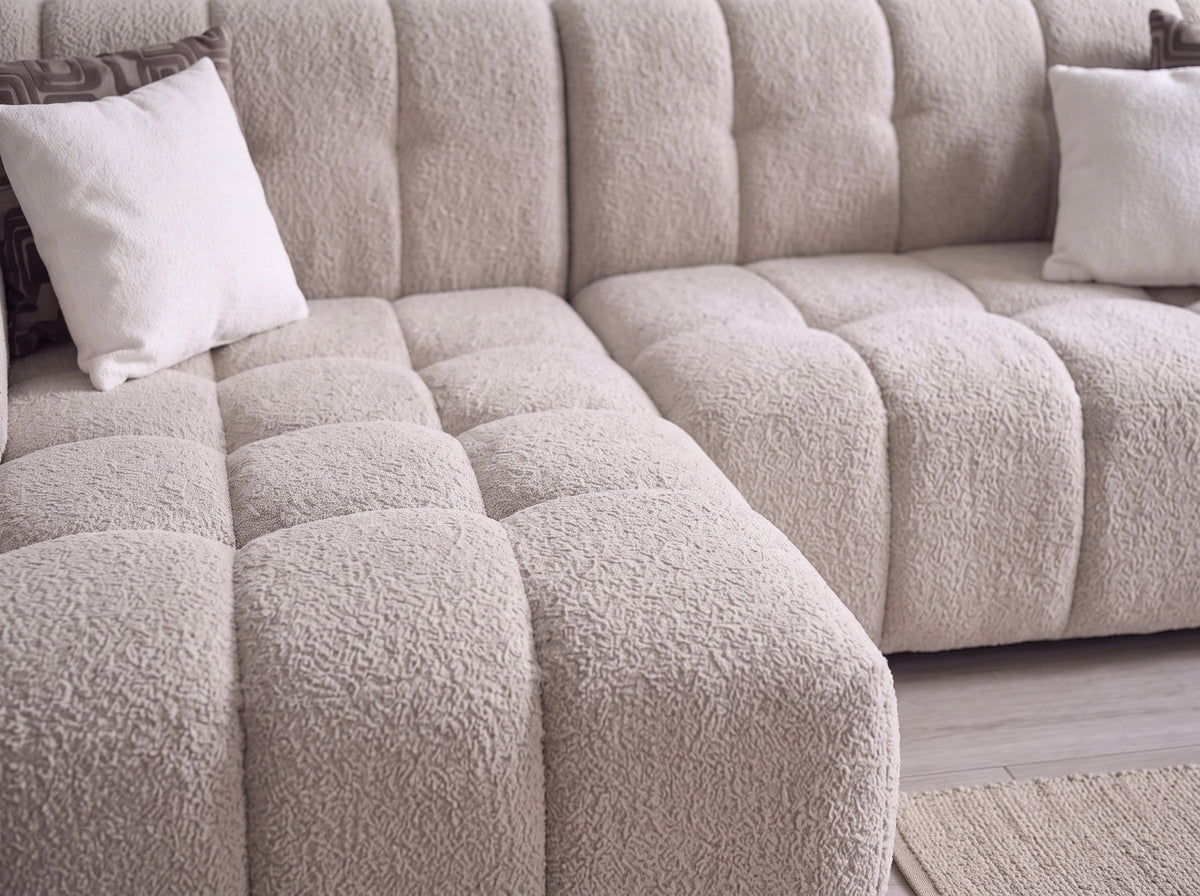 Canapé d’angle convertible Bubble 275x175 cm en laine rasée blanc cassé – Angle droit ou gauche – Design moderne