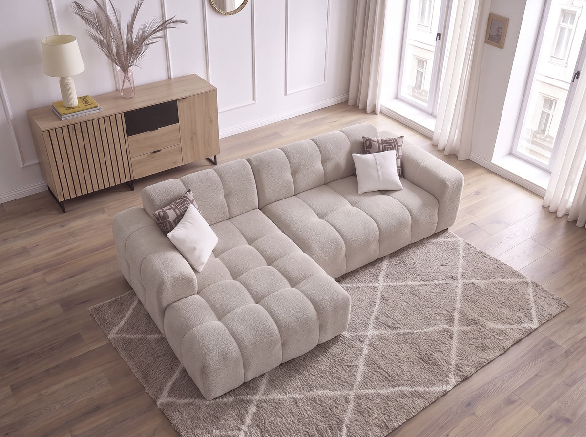 Canapé d’angle convertible Bubble 275x175 cm en laine rasée blanc cassé – Angle droit ou gauche – Design moderne