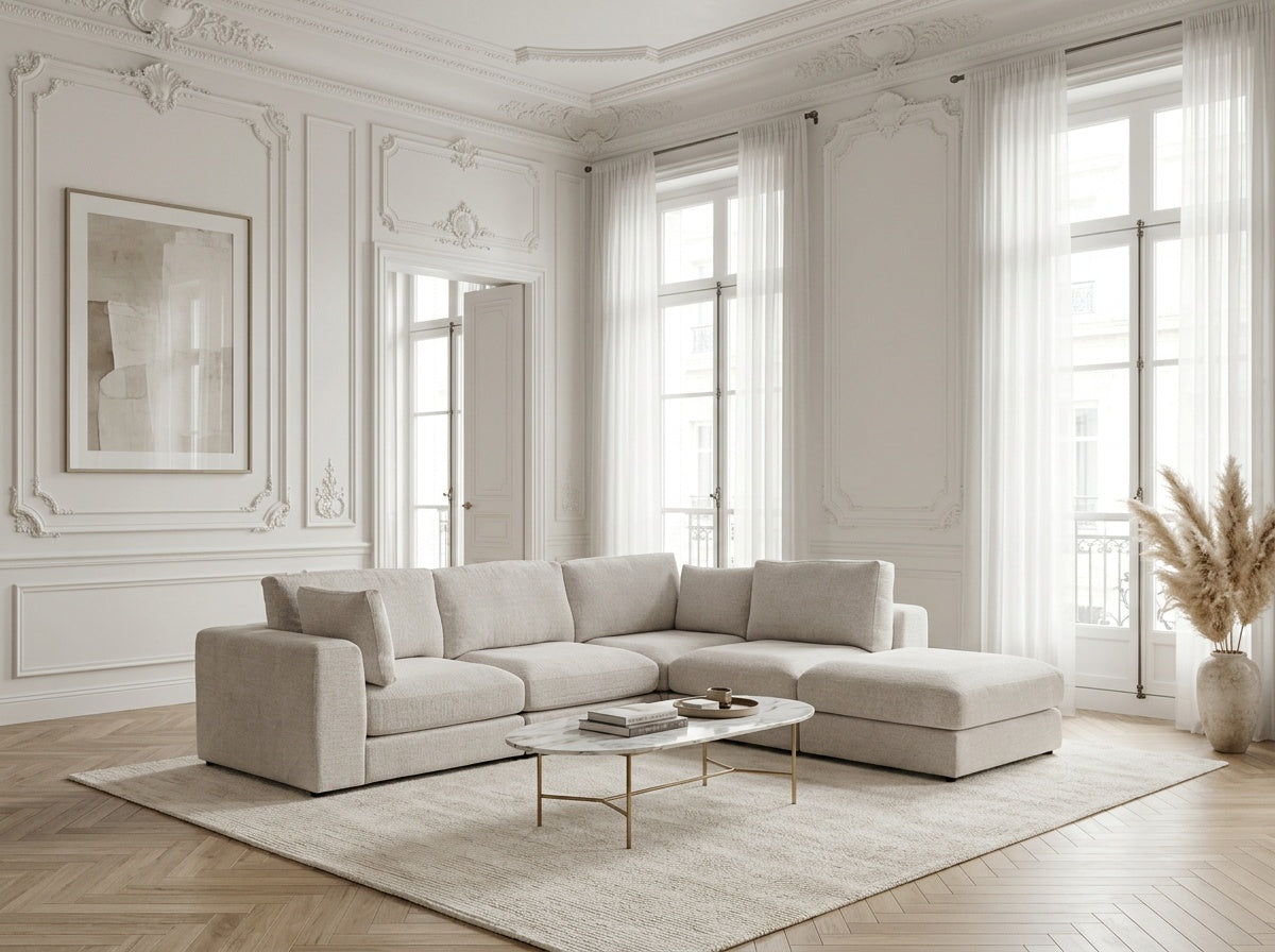 Canapé Julia Modulable - Tissu Chenille Blanc - 4 Places + 1 Pouf