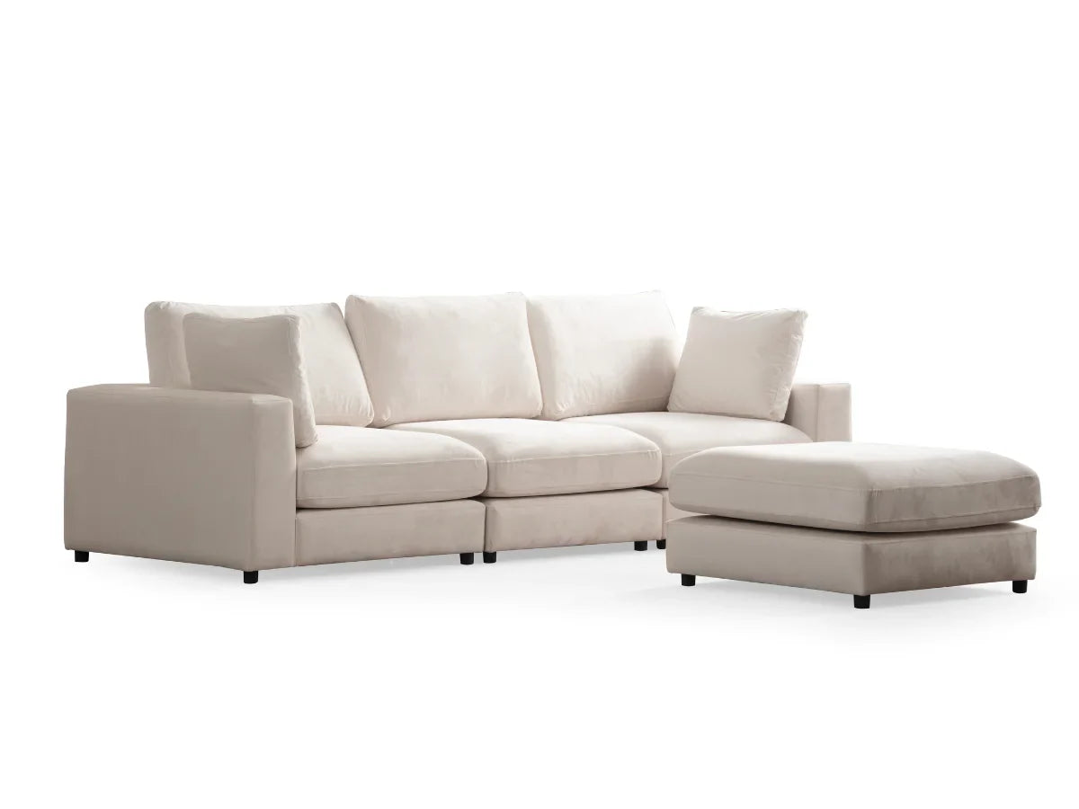 Canapé Julia Modulable - Velours Blanc - 3 Places + 1 Pouf