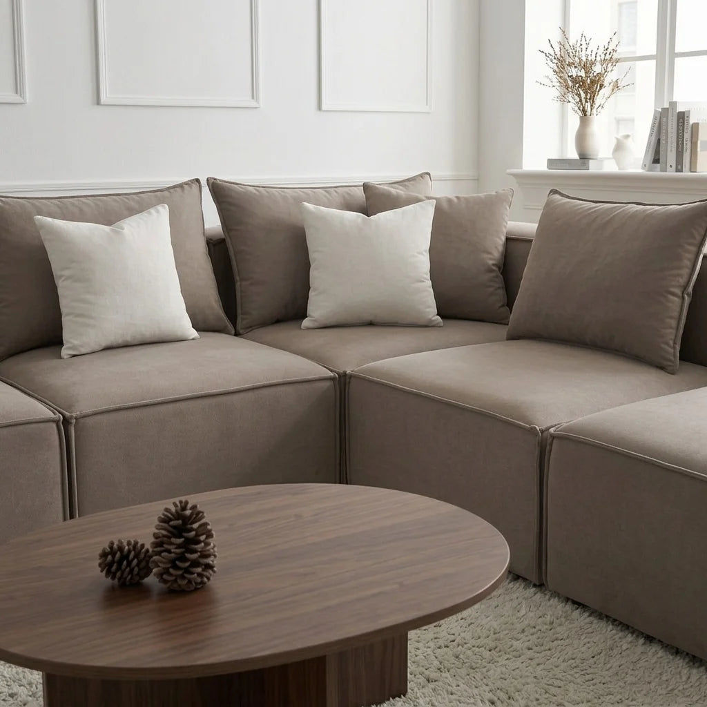 Canapé Modulable - Velours Moka - 4 Places + 1 Pouf