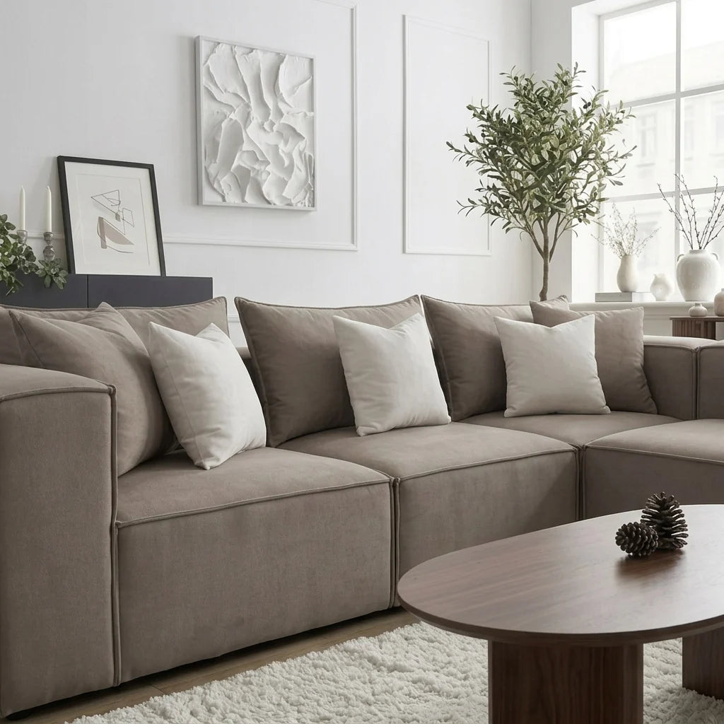 Canapé Modulable - Velours Moka - 4 Places + 1 Pouf