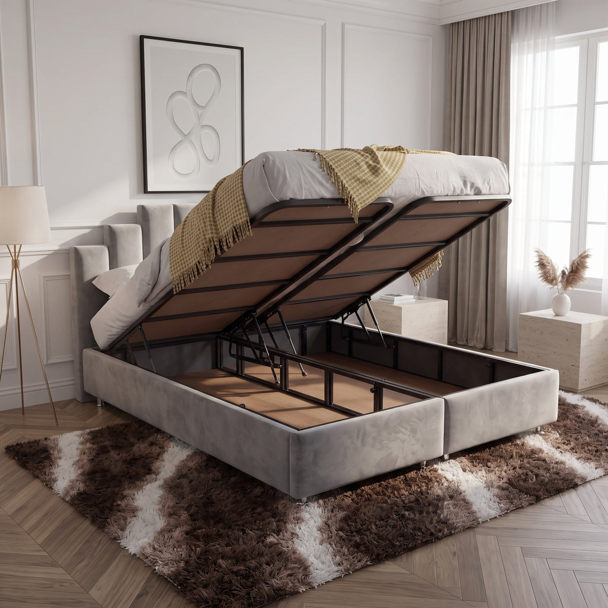 Lit Coffre Pyramide Gris - Design Élégant