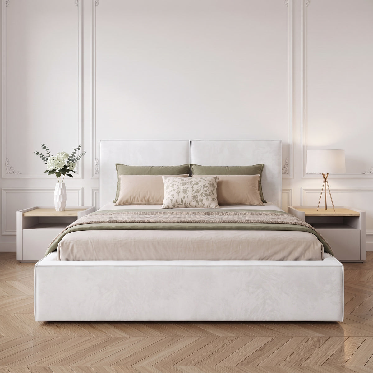 Lit Coffre Cuba Velours Blanc Anti-Tache – Design Moderne avec Rangement | 140x190, 160x200, 180x200