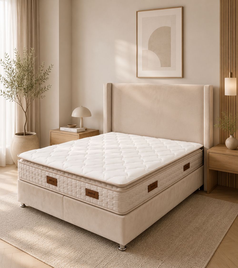 Pack Lit Coffre Coco Beige Velours Anti-Tâche + Matelas 30cm + Surmatelas Intégré + 2 Oreillers Offerts | 140x190 / 160x200 / 180x200