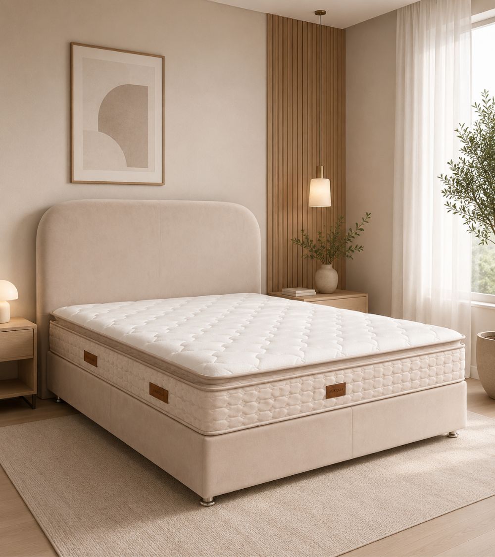 Pack Lit Coffre Jade Beige Velours Anti-Tâche + Matelas 30cm + Surmatelas Intégré + 2 Oreillers Offerts | 140x190 / 160x200 / 180x200