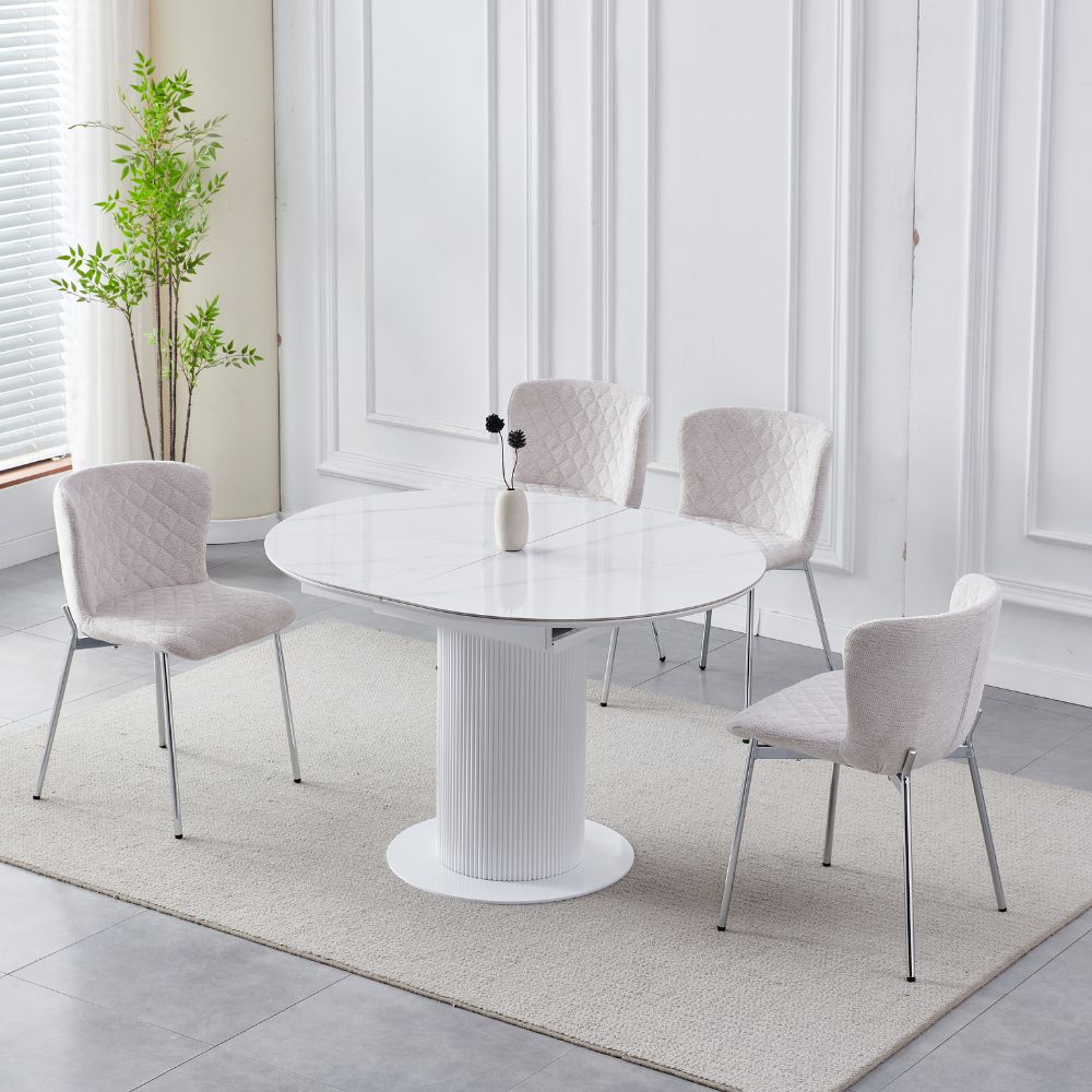 Table à Manger Sofia – Extensible – Plateau Céramique Blanc – Pieds Bois Laqué – 125 à 165 cm