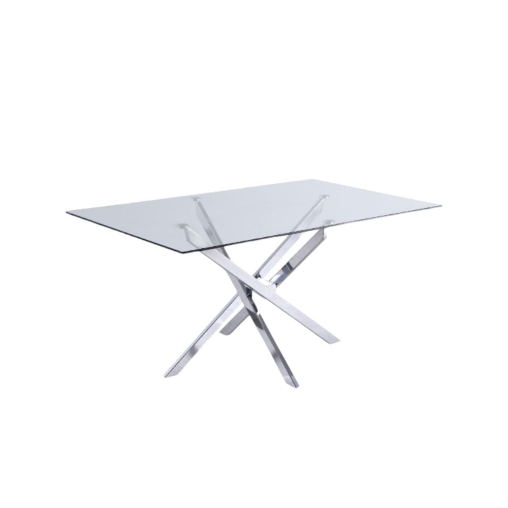 Table à Manger Olivia – Plateau en Verre Rectangulaire – Pied Chrome – 150 cm
