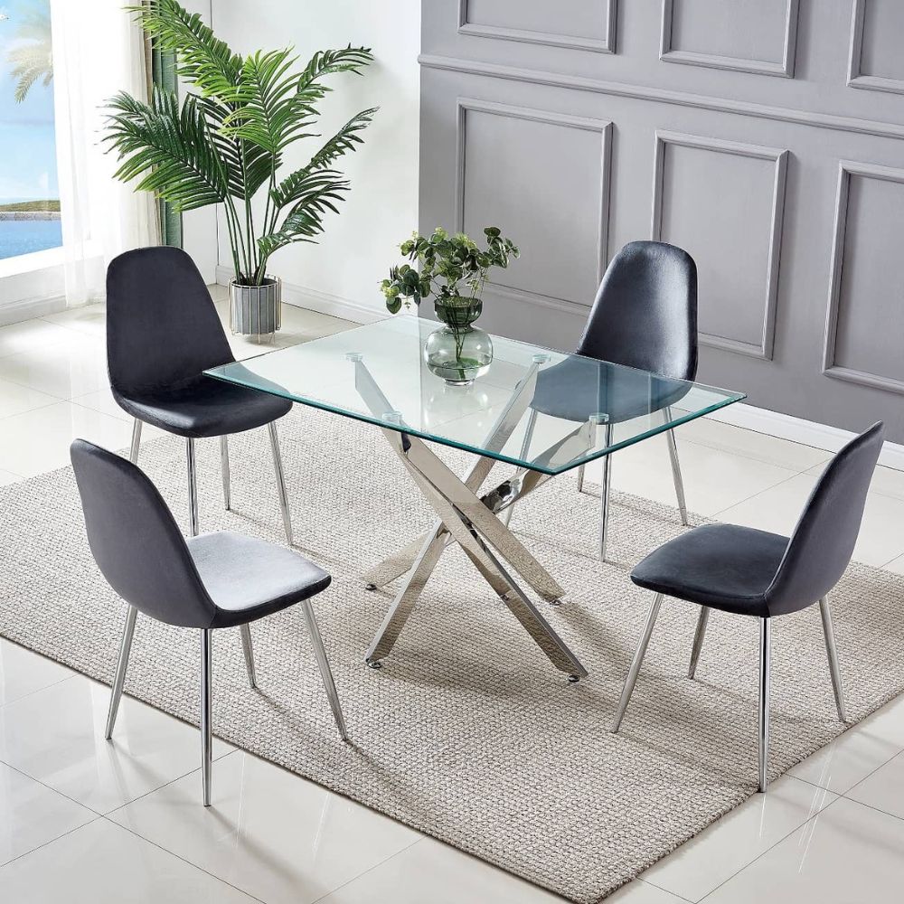 Table à Manger Olivia – Plateau en Verre Rectangulaire – Pied Chrome – 150 cm