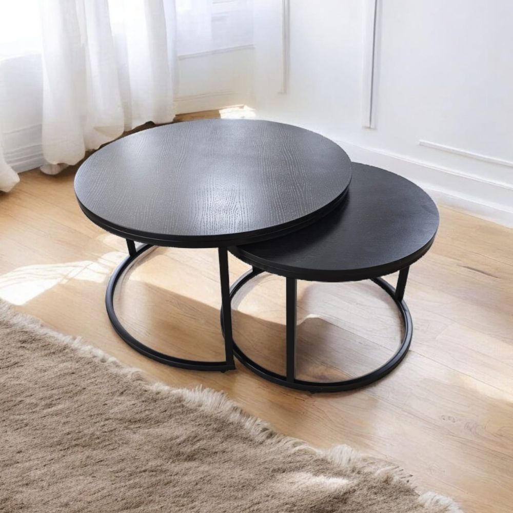 Tables Basses Gigognes Duo – Rondes – Plateau Bois Noir & Pied Métal Noir