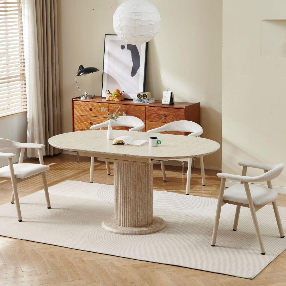 Table à manger extensible Sofia 125/165 cm – Céramique travertin & pied effet travertin