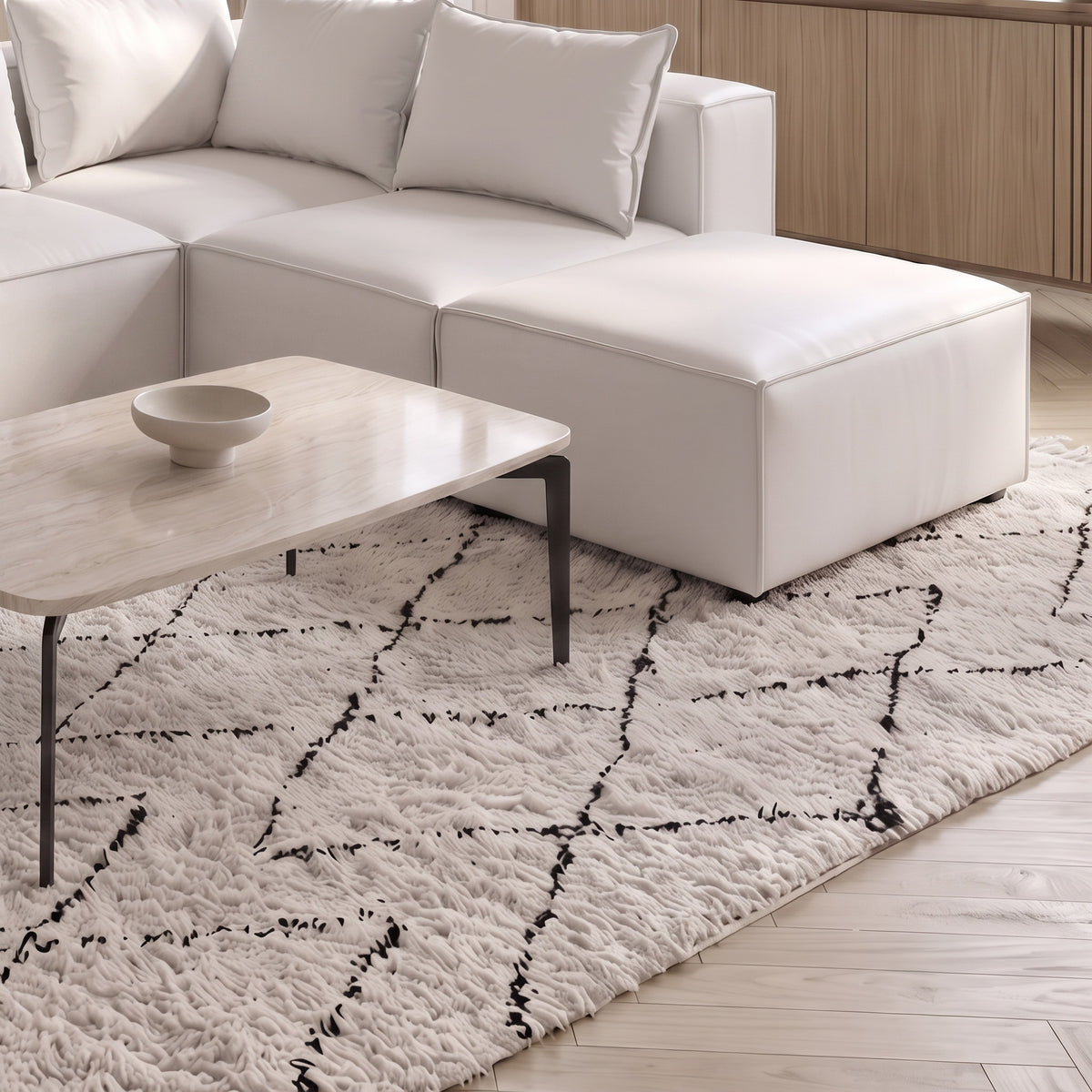 Canapé Modulable 4 Places + Pouf en Velours Blanc