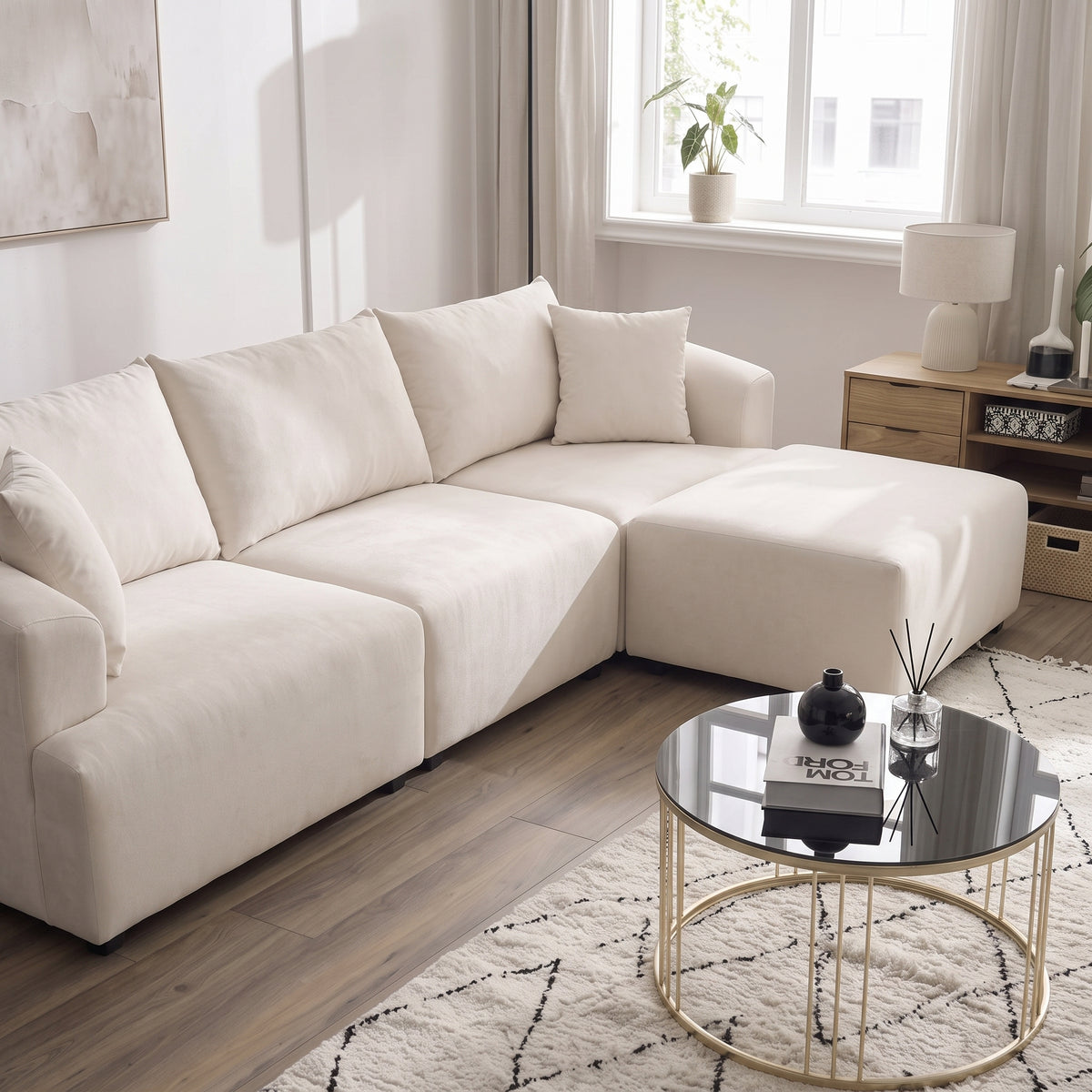 Canapé Modulable Lokkum - Velours Blanc - 3 Places + 1 Pouf - Traitement Anti-Tâche