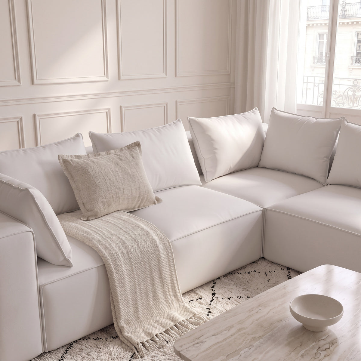 Canapé Modulable 4 Places + Pouf en Velours Blanc