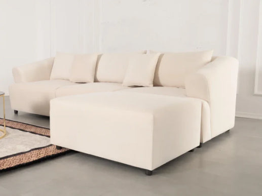 Canapé Modulable Lokkum 3 + 1 Pouf en Velours Blanc Anti-Tâche