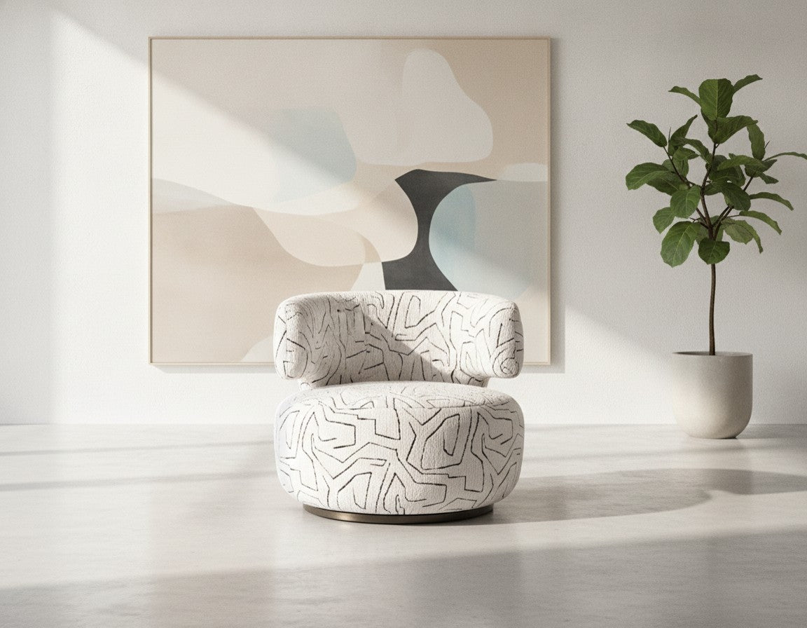 Fauteuil Pivotant en Chenille - Motif Abstrait Écru & Noir