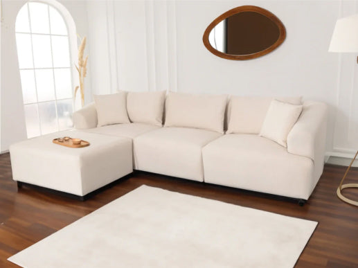 Canapé Modulable Lokkum 3 + 1 Pouf en Velours Blanc Anti-Tâche