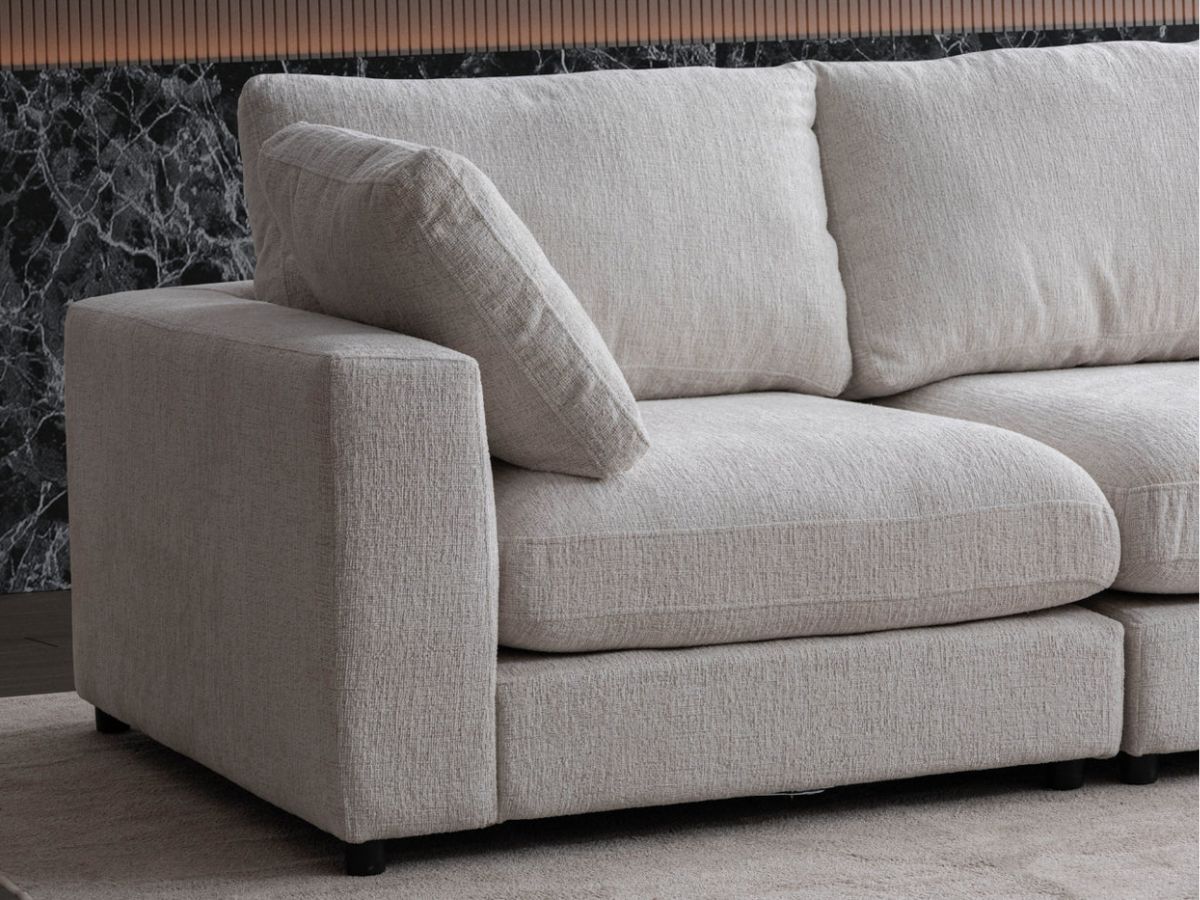 Canapé Julia Modulable - Tissu Chenille Blanc - 3 Places + 1 Pouf