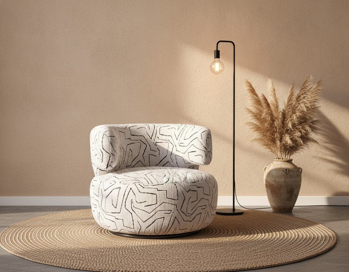 Fauteuil Pivotant en Chenille - Motif Abstrait Écru & Noir