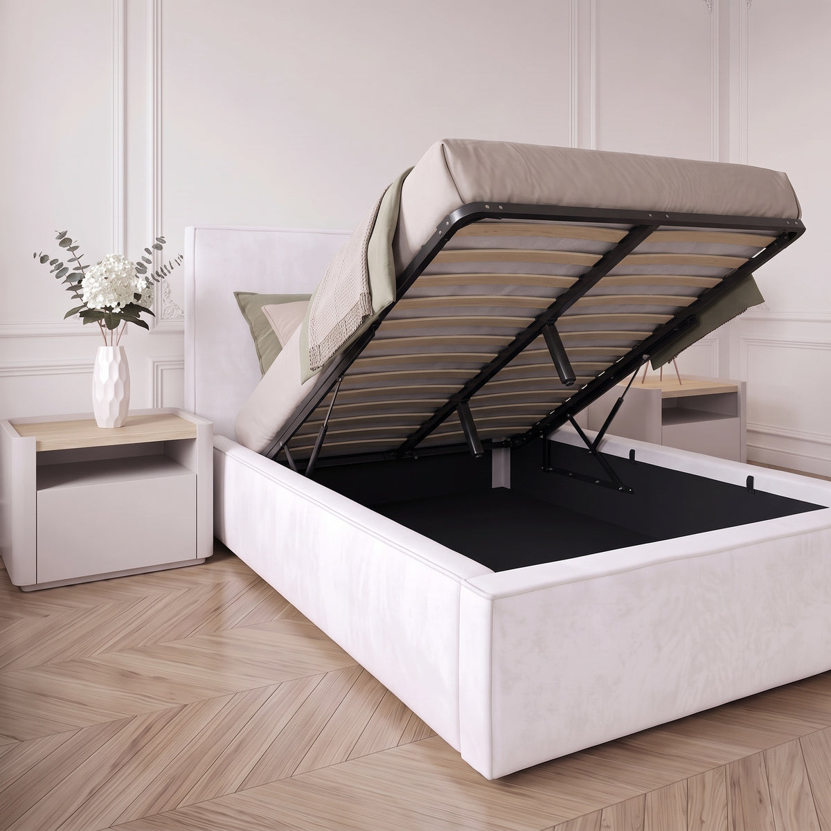 Lit Coffre Cuba Velours Blanc Anti-Tache – Design Moderne avec Rangement | 140x190, 160x200, 180x200