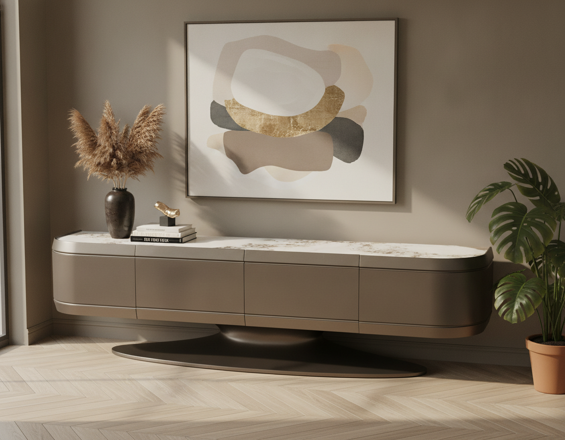 Meuble TV - Plateau Céramique Effet Marbre & Piètement Bronze
