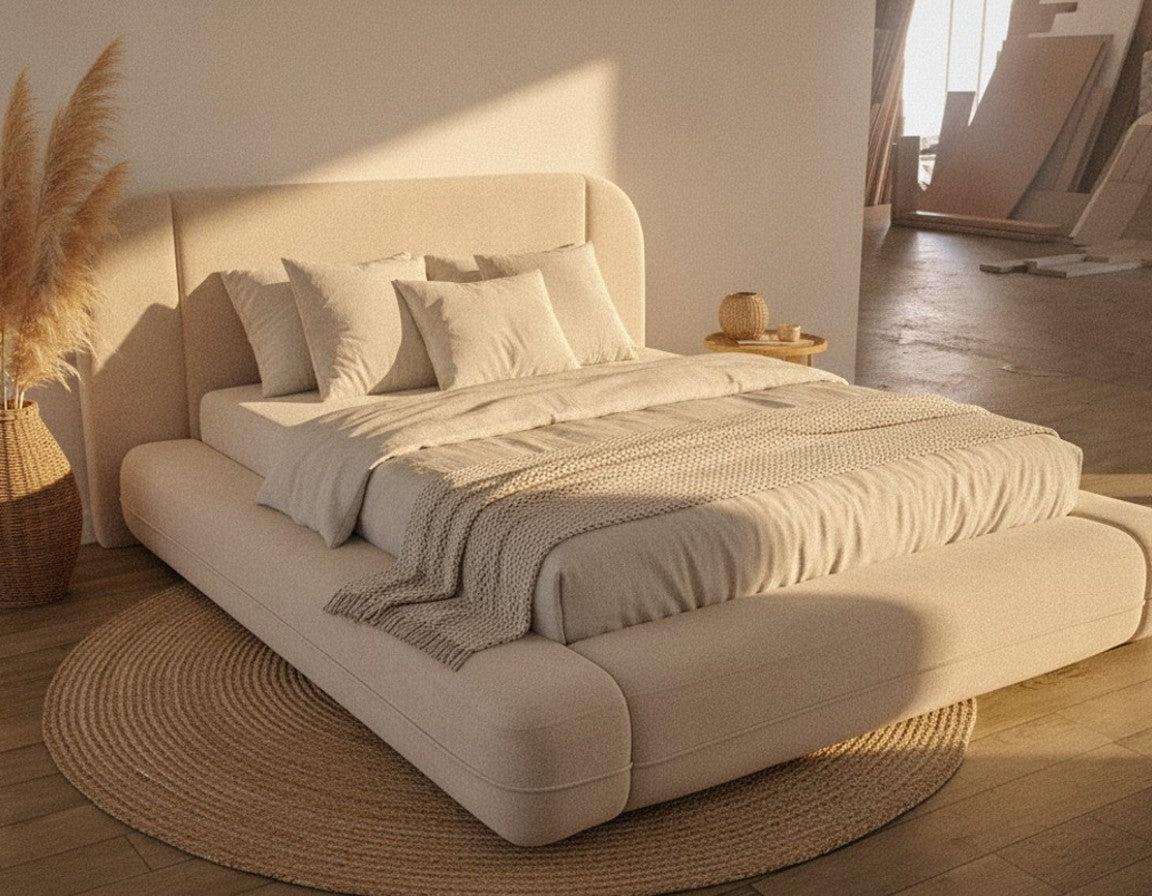 Lit Coffre Design Arrondi en Tissu Bouclé - Coffre de Rangement