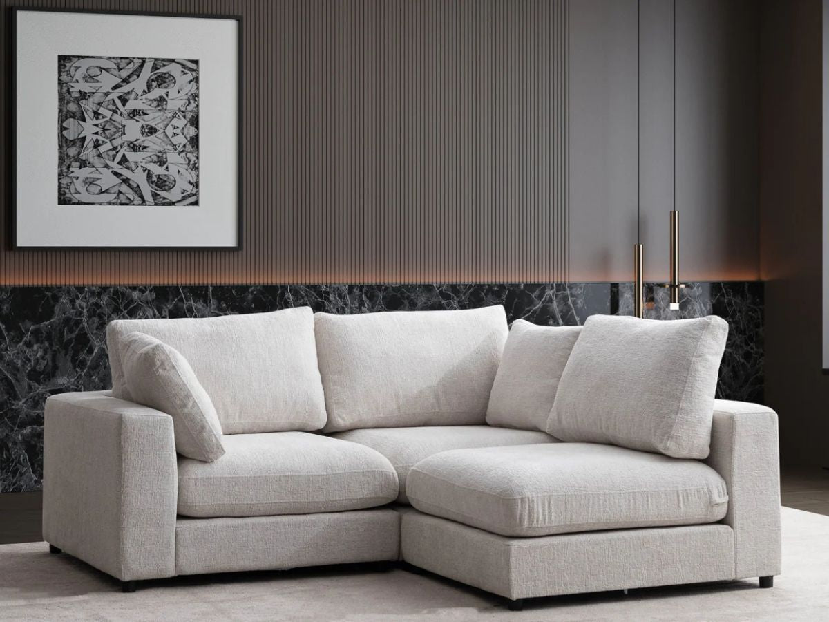 Canapé Julia Modulable - Tissu Chenille Blanc - 3 Places + 1 Pouf
