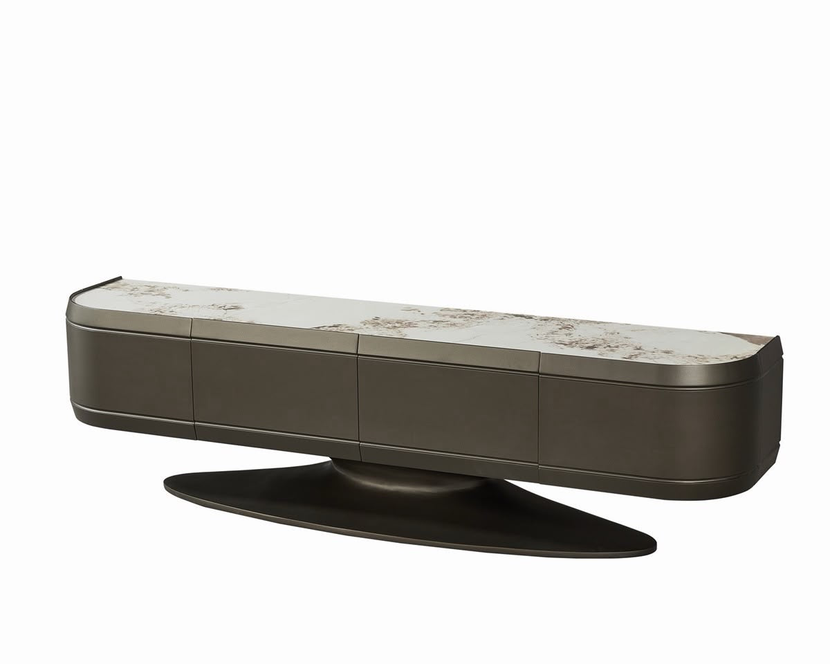 Meuble TV - Plateau Céramique Effet Marbre & Piètement Bronze