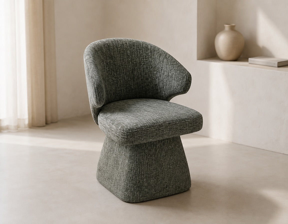 Chaise Design Sculpturale - Tissu Chenille Vert Sauge