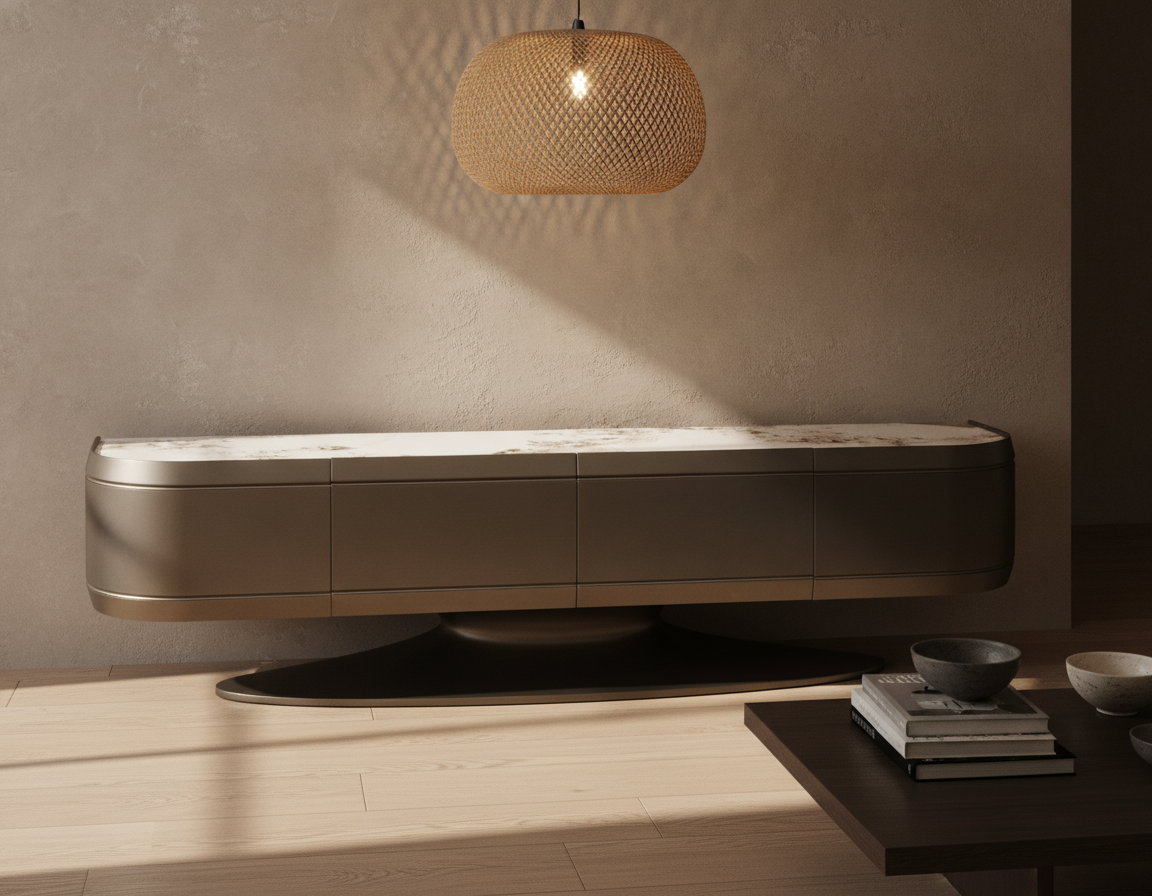 Meuble TV - Plateau Céramique Effet Marbre & Piètement Bronze