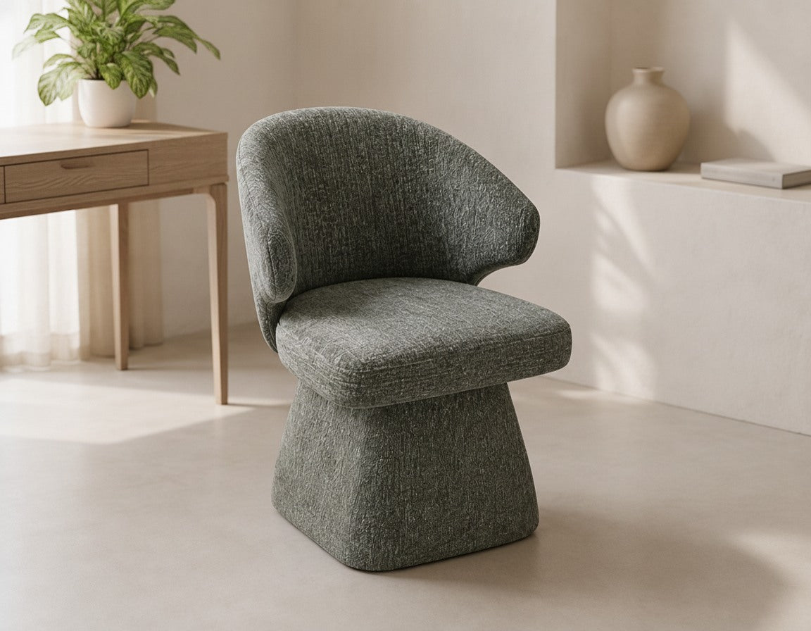 Chaise Design Sculpturale - Tissu Chenille Vert Sauge