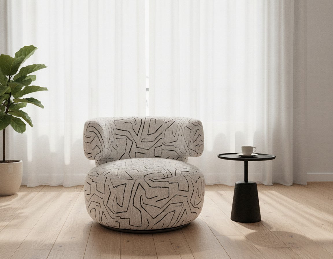 Fauteuil Pivotant en Chenille - Motif Abstrait Écru & Noir