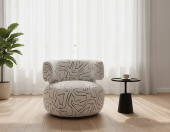 Fauteuil Pivotant en Chenille - Motif Abstrait Écru & Noir