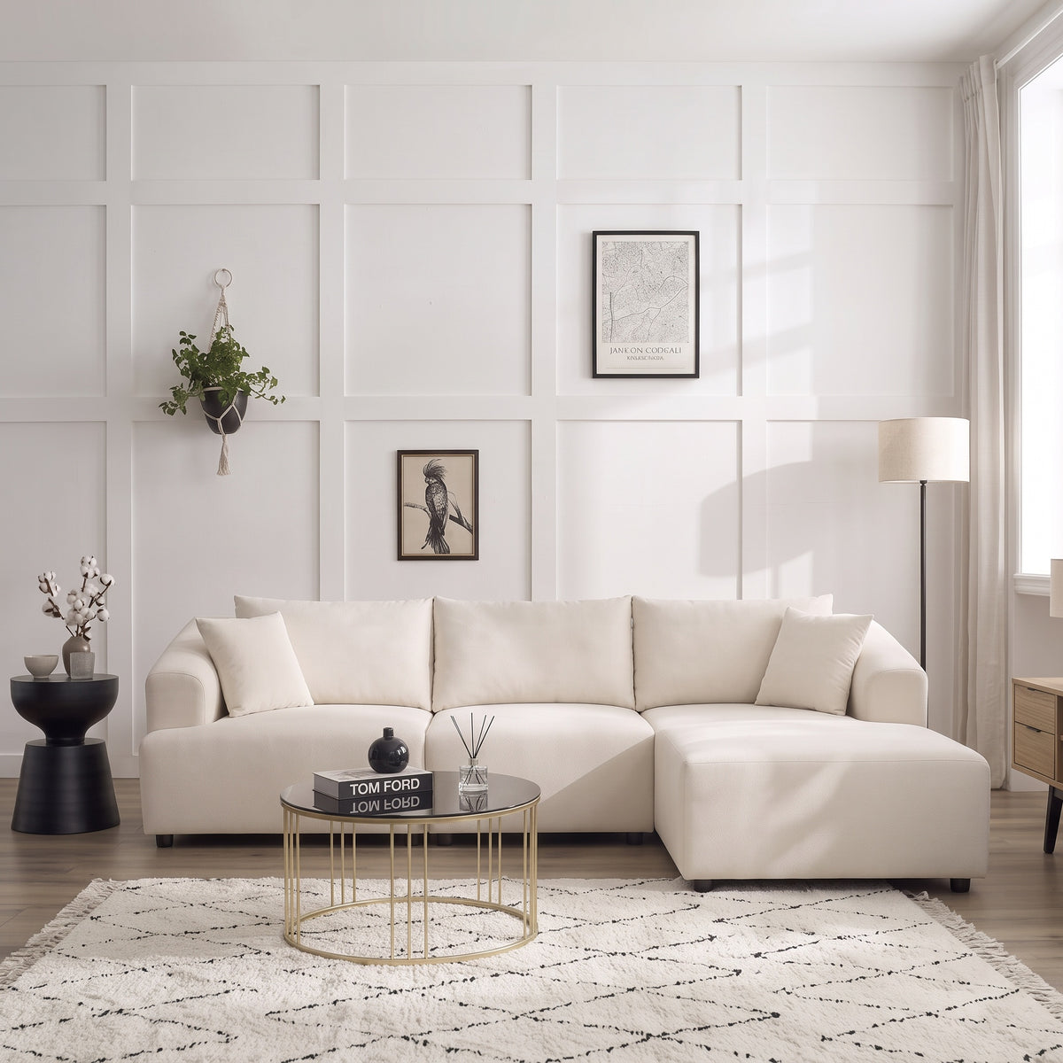 Canapé Modulable Lokkum - Velours Blanc - 3 Places + 1 Pouf - Traitement Anti-Tâche