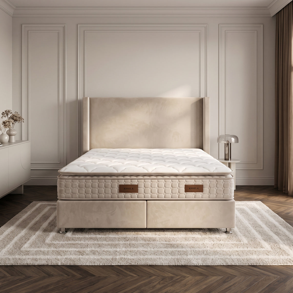 Pack Lit Coffre Coco Beige Velours Anti-Tâche + Matelas 30cm + Surmatelas Intégré + 2 Oreillers Offerts | 140x190 / 160x200 / 180x200