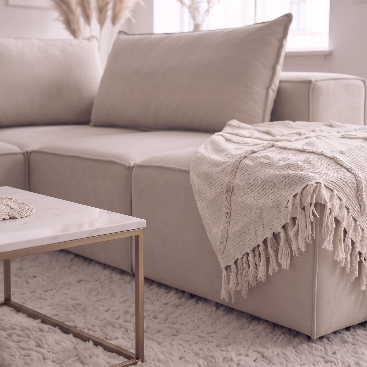 Canapé Modulable - Velours beige - 4 Places + 1 Pouf