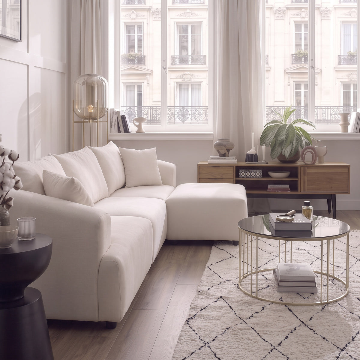 Canapé Modulable Lokkum - Velours Blanc - 3 Places + 1 Pouf - Traitement Anti-Tâche