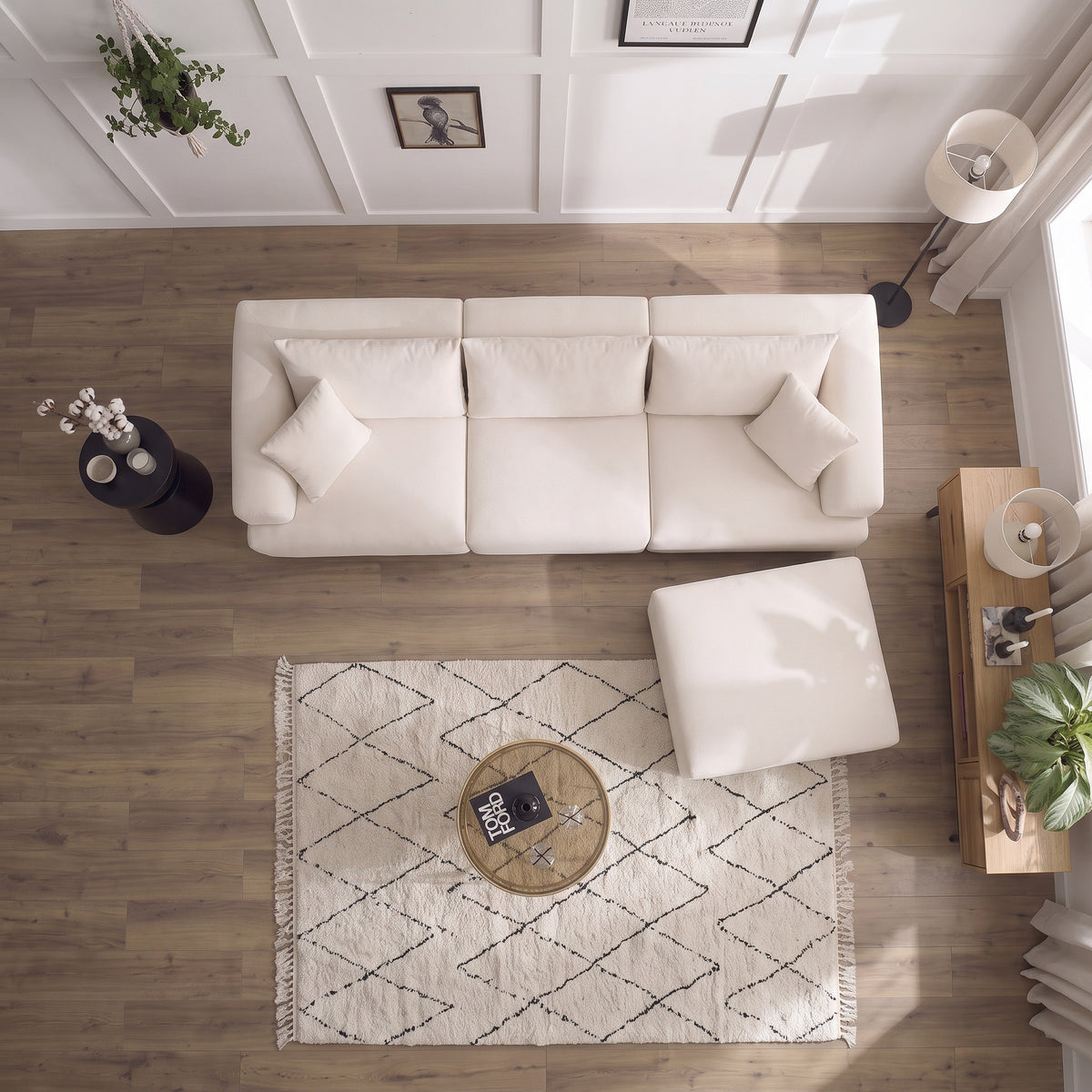 Canapé Modulable Lokkum - Velours Blanc - 3 Places + 1 Pouf - Traitement Anti-Tâche