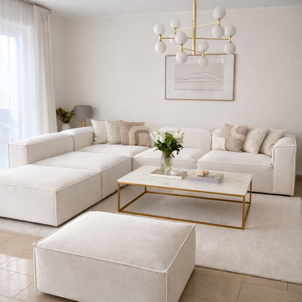 Canapé Modulable 4 Places + Pouf en Velours Blanc