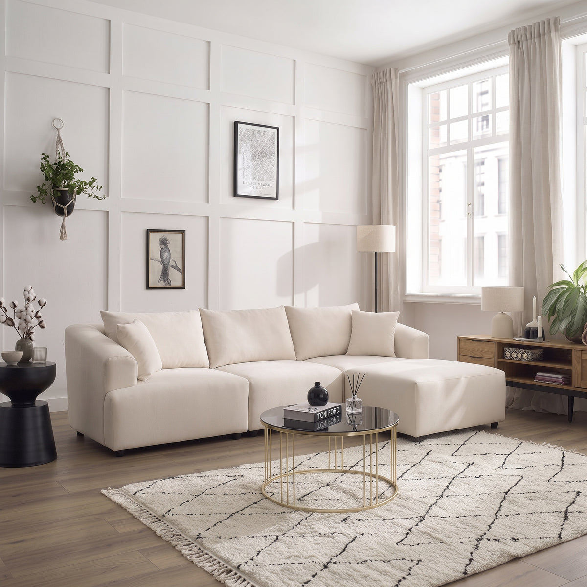 Canapé Modulable Lokkum - Velours Blanc - 3 Places + 1 Pouf - Traitement Anti-Tâche